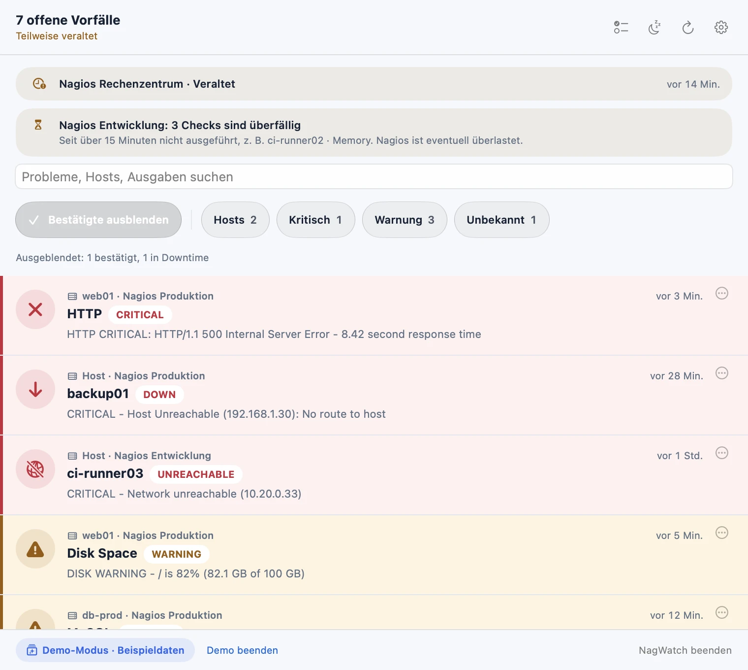 Die NagWatch-Mac-App mit Filtern und offenen Problemen aus dem Demomodus