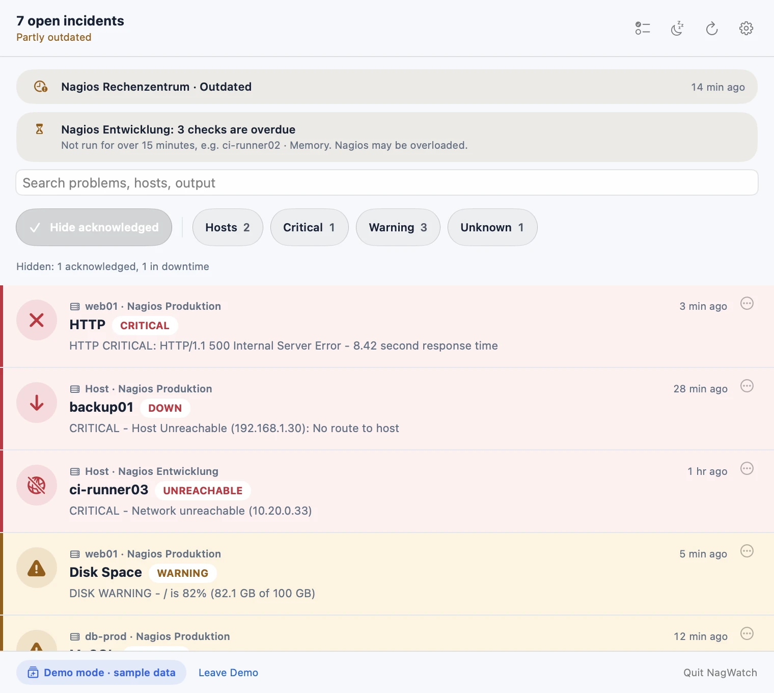 The actual NagWatch Mac app with filters and open problems from demo mode