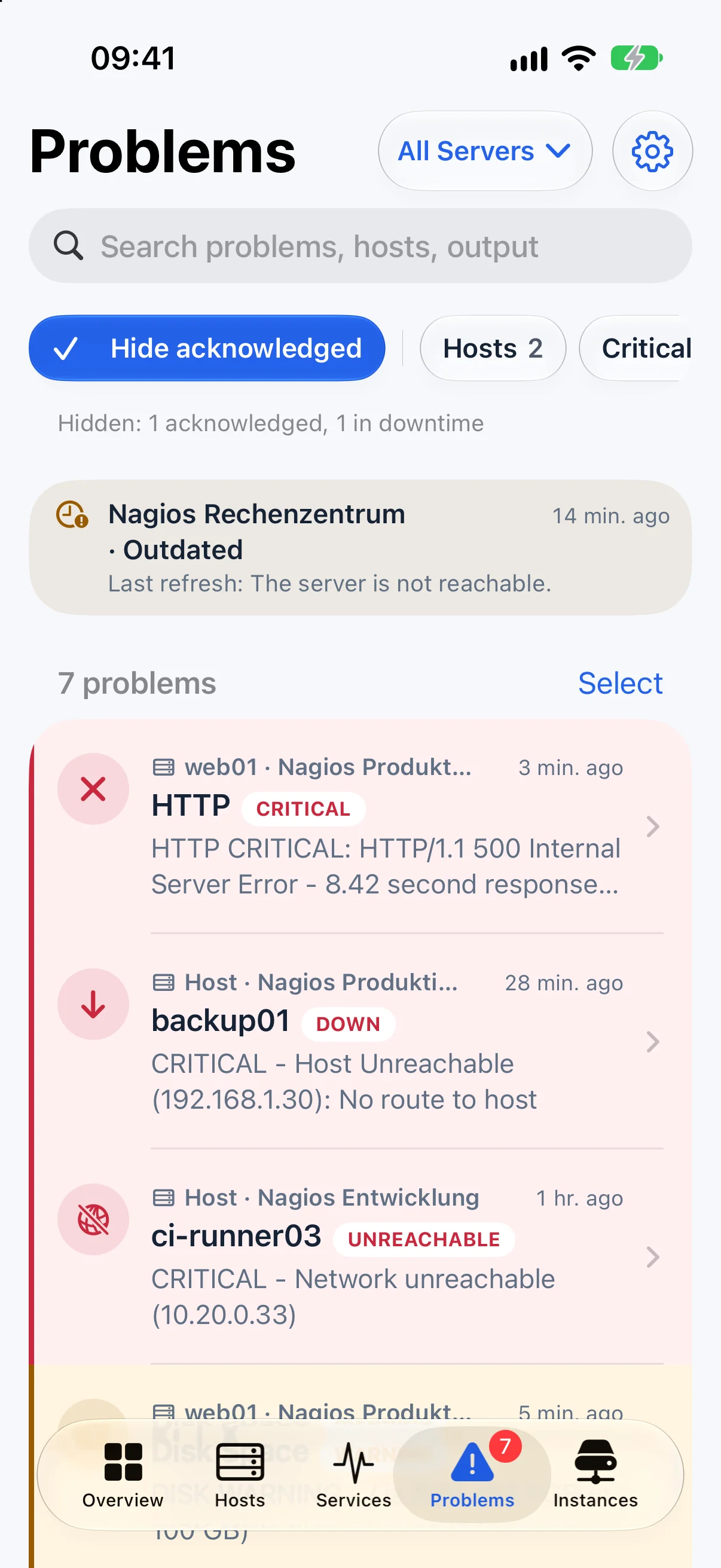 The problem list with search, severity and filters